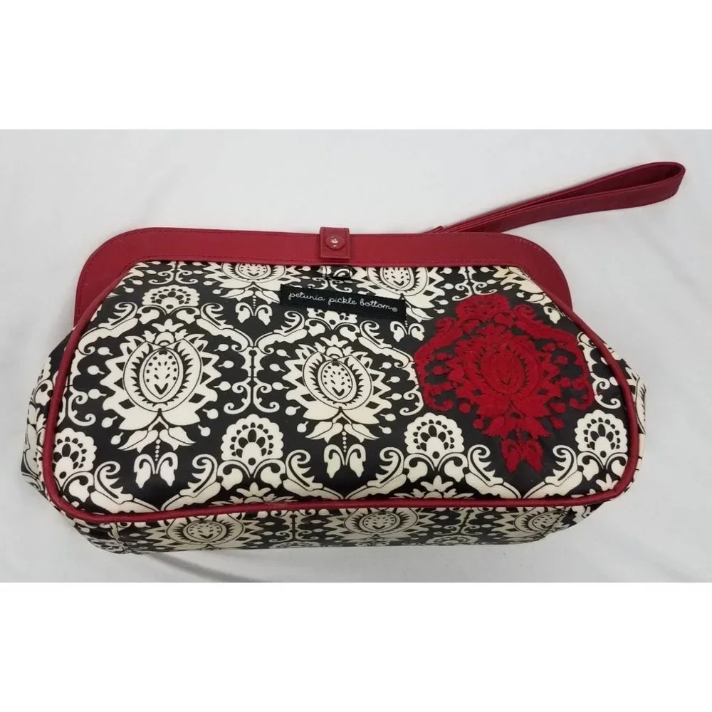 Petunia Pickle Bottom Black & Red Damask Print Satchel Diaper Bag